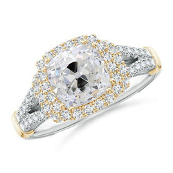 Kissen Echt Aus der Erde Abgebauter Natürlicher Diamant Halo alter Bergmann Ring 4 Karat Gelb- & Weißgold 14K