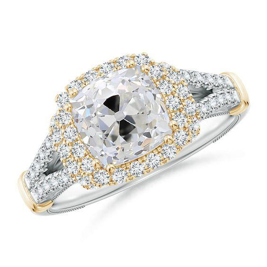 Kissen Echt Diamant Halo alter Bergmann Ring 4 Karat Gelb- & Weißgold 14K