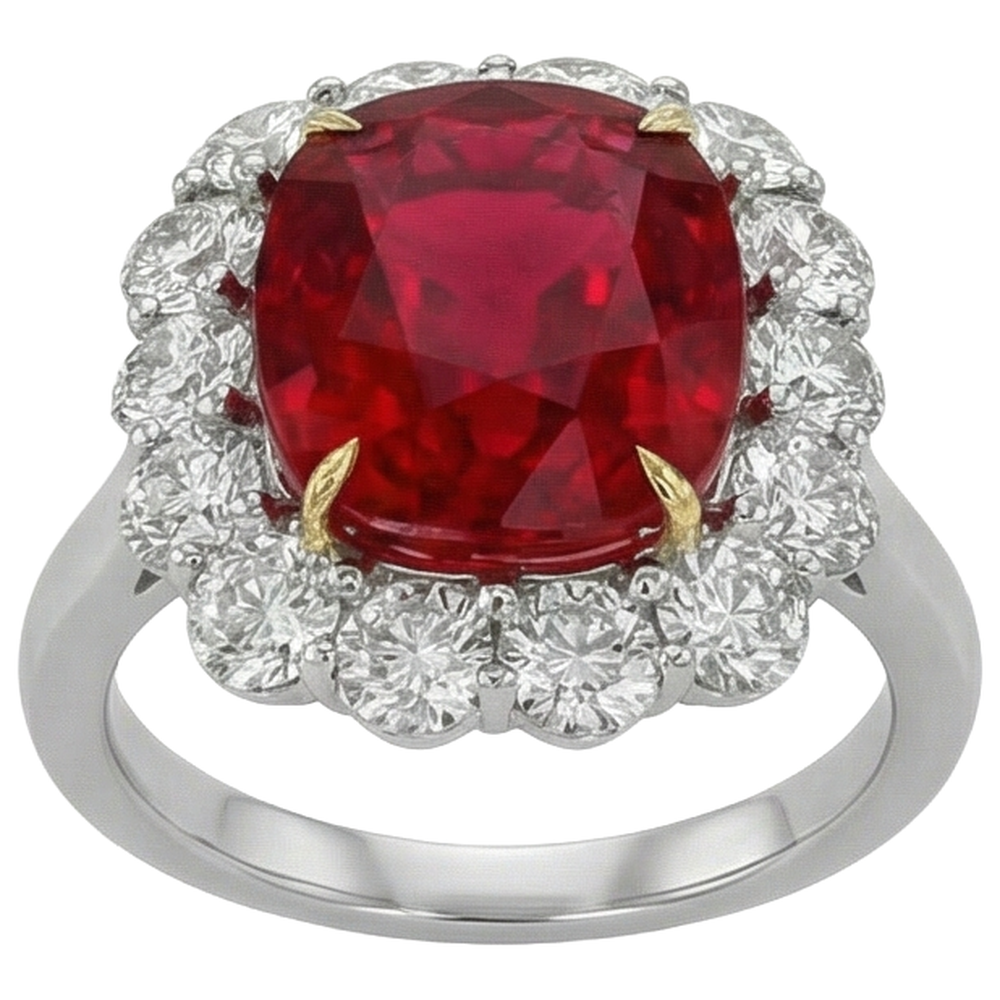 Kissen Echter Rubin und runde Aus der Erde Abgebauter Natürlicher Diamanten 7 Karat Jubiläumsring