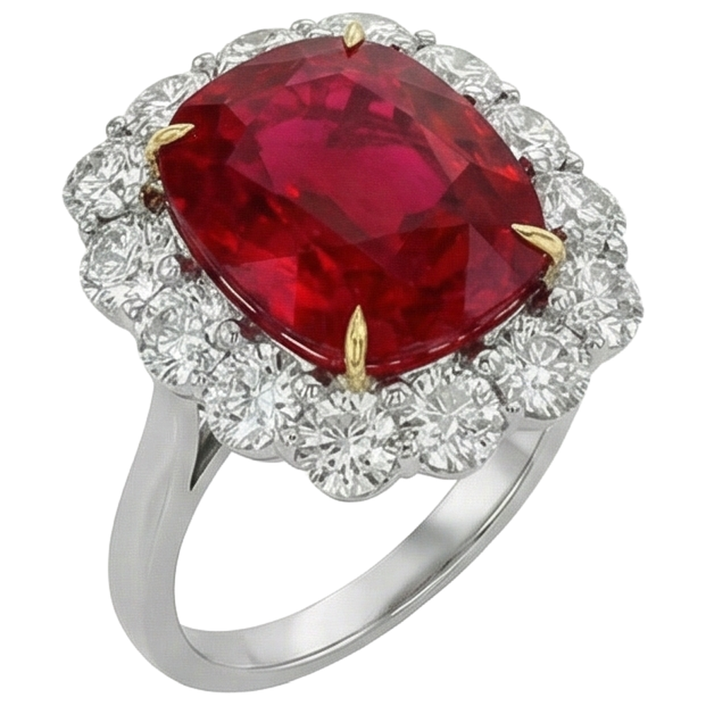 Kissen Echter Rubin und runde Aus der Erde Abgebauter Natürlicher Diamanten 7 Karat Jubiläumsring