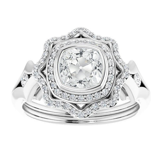 Kissen Old Mine Cut Echt Diamant Double Halo Ring Lünette Set 6.75 Karat