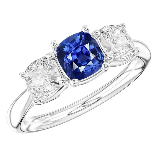 Kissen Saphir Drei Steine Ring 2,50 Karat Aus der Erde Abgebauter Natürlicher Diamanten Goldschmuck