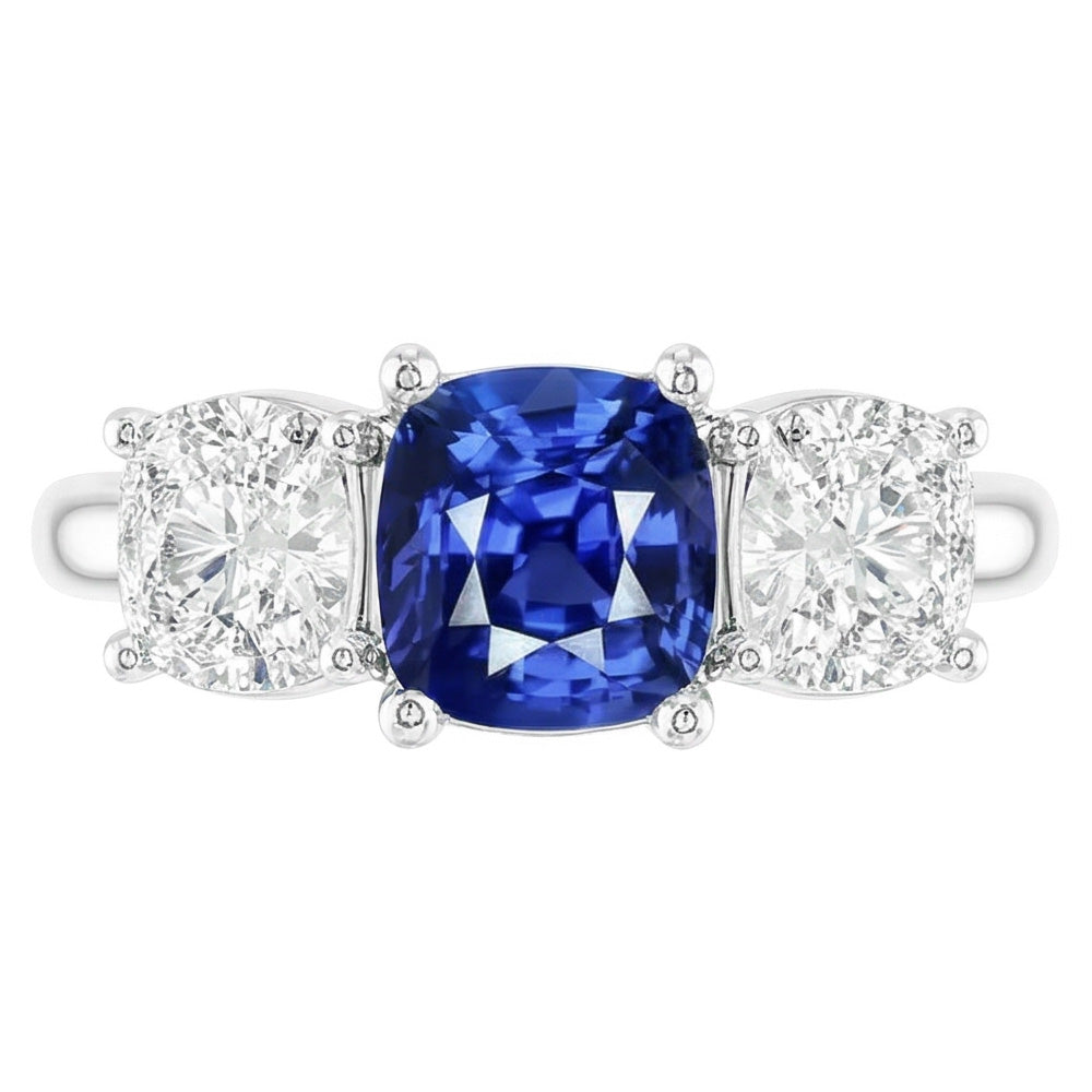 Kissen Saphir Drei Steine Ring 2,50 Karat Aus der Erde Abgebauter Natürlicher Diamanten Goldschmuck