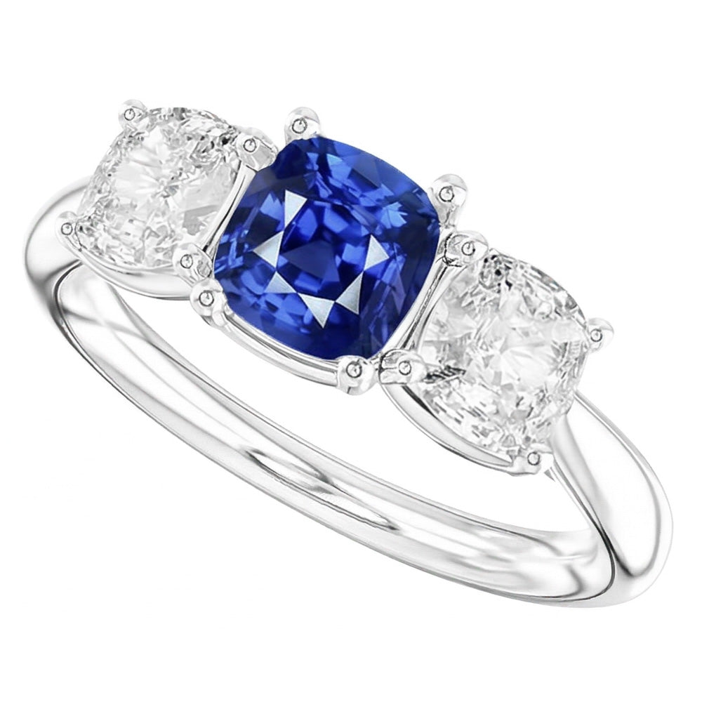 Kissen Saphir Drei Steine Ring 2,50 Karat Aus der Erde Abgebauter Natürlicher Diamanten Goldschmuck