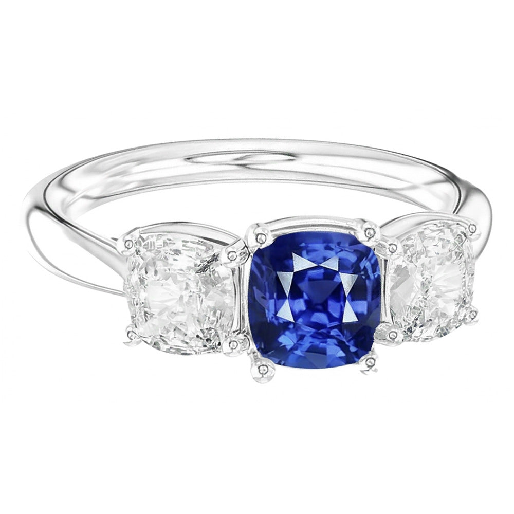 Kissen Saphir Drei Steine Ring 2,50 Karat Aus der Erde Abgebauter Natürlicher Diamanten Goldschmuck