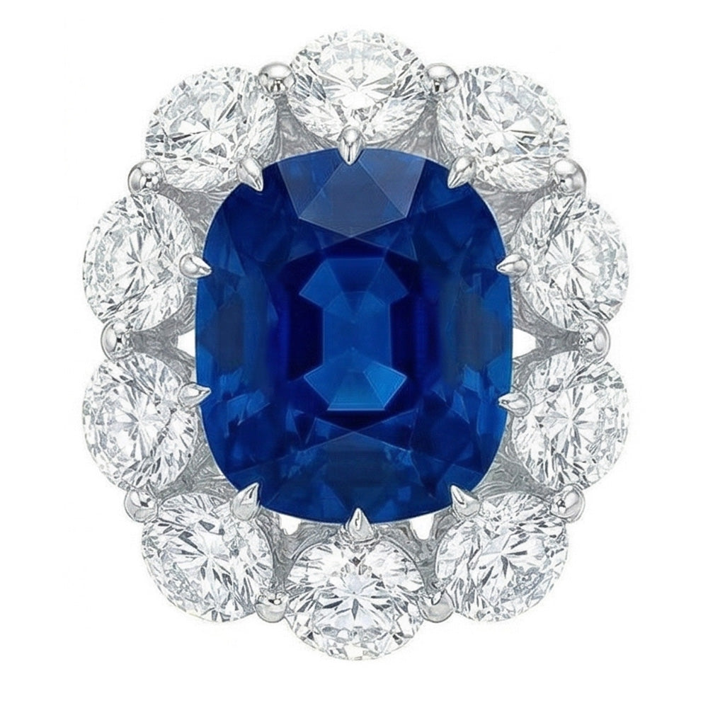 Kissen Saphir und runde Aus der Erde Abgebauter Natürlicher Diamanten 10.50 Ct Ring Weißgold 14K