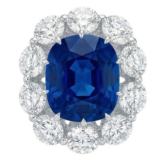 Kissen Saphir und runde Aus der Erde Abgebauter Natürlicher Diamanten 10.50 Ct Ring Weißgold 14K