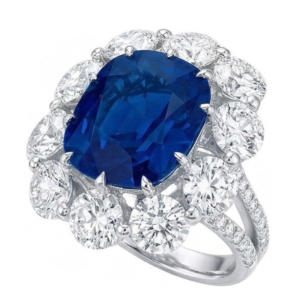 Kissen Saphir und runde Aus der Erde Abgebauter Natürlicher Diamanten 10.50 Ct Ring Weißgold 14K