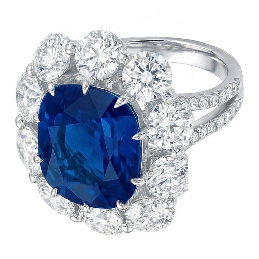 Kissen Saphir und runde Aus der Erde Abgebauter Natürlicher Diamanten 10.50 Ct Ring Weißgold 14K