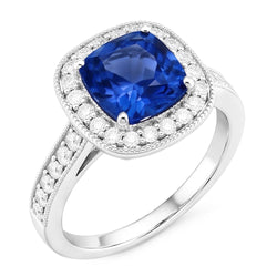 Kissen Sri Lanka Blauer Saphir Aus der Erde Abgebauter Natürlicher Diamanten 3.40 ct Ring Weißgold 14K