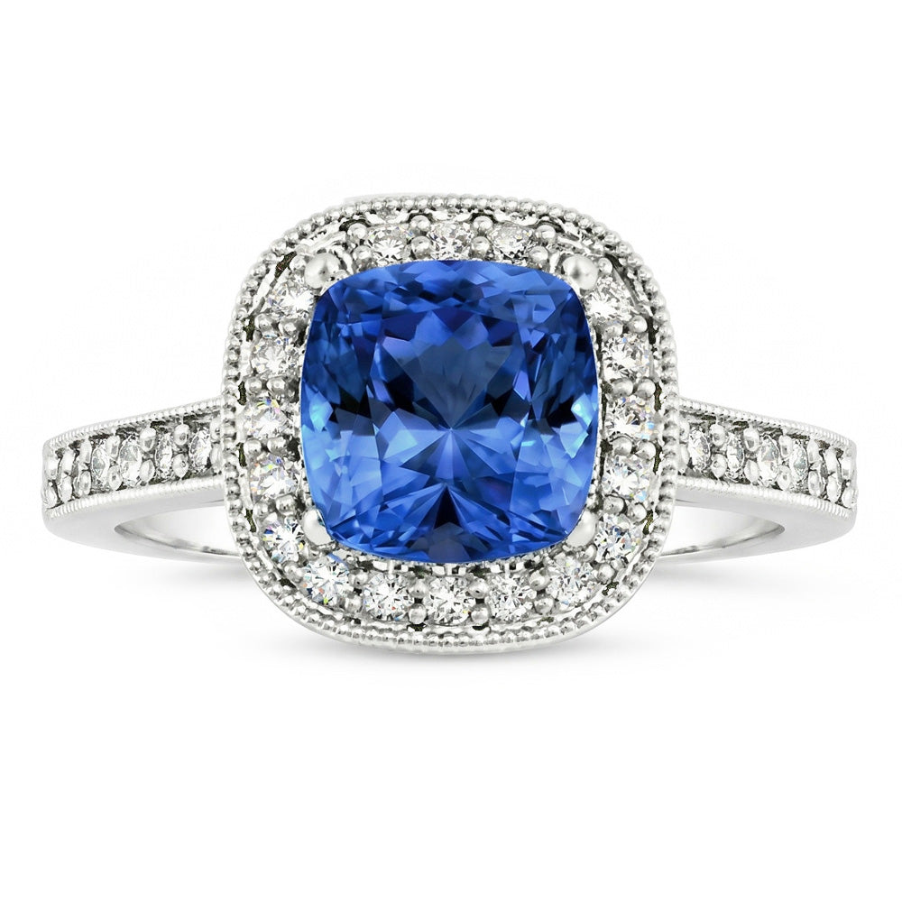 Kissen Sri Lanka Blauer Saphir Aus der Erde Abgebauter Natürlicher Diamanten 3.40 ct Ring Weißgold 14K
