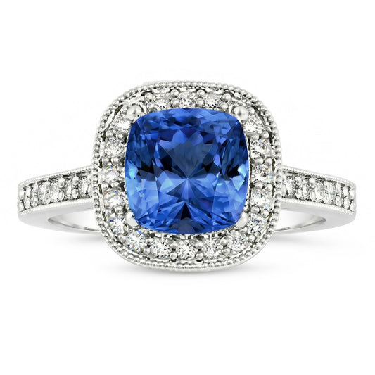Kissen Sri Lanka Blauer Saphir Aus der Erde Abgebauter Natürlicher Diamanten 3.40 ct Ring Weißgold 14K