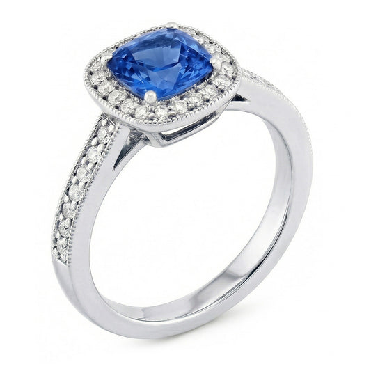 Kissen Sri Lanka Blauer Saphir Aus der Erde Abgebauter Natürlicher Diamanten 3.40 ct Ring Weißgold 14K