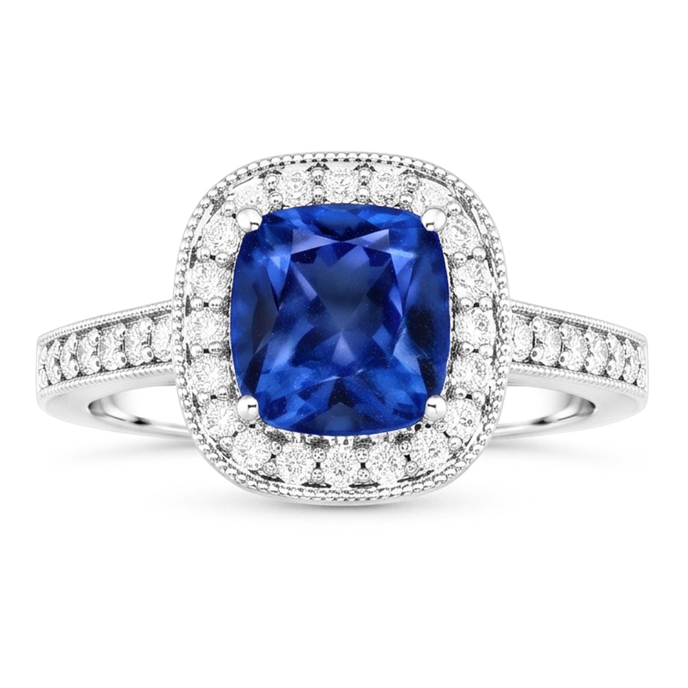Kissen Sri Lanka Blauer Saphir Aus der Erde Abgebauter Natürlicher Diamanten 3.40 ct Ring Weißgold 14K