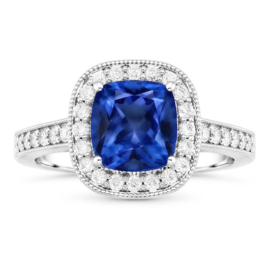 Kissen Sri Lanka Blauer Saphir Aus der Erde Abgebauter Natürlicher Diamanten 3.40 ct Ring Weißgold 14K