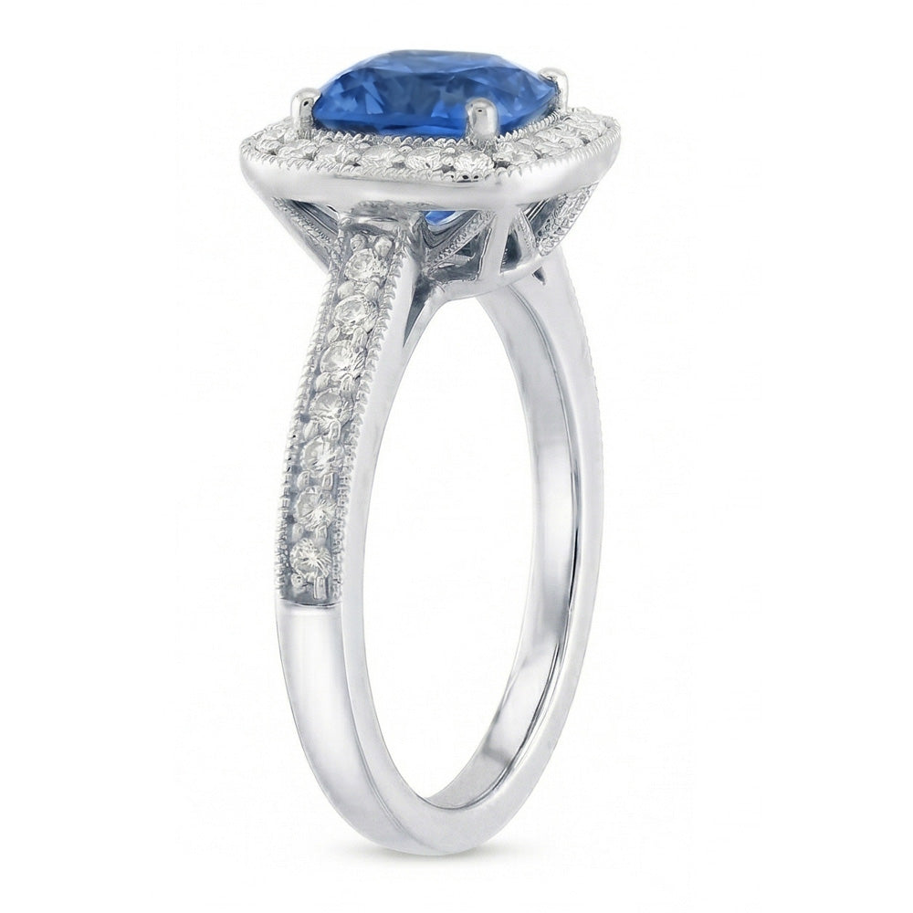 Kissen Sri Lanka Blauer Saphir Aus der Erde Abgebauter Natürlicher Diamanten 3.40 ct Ring Weißgold 14K