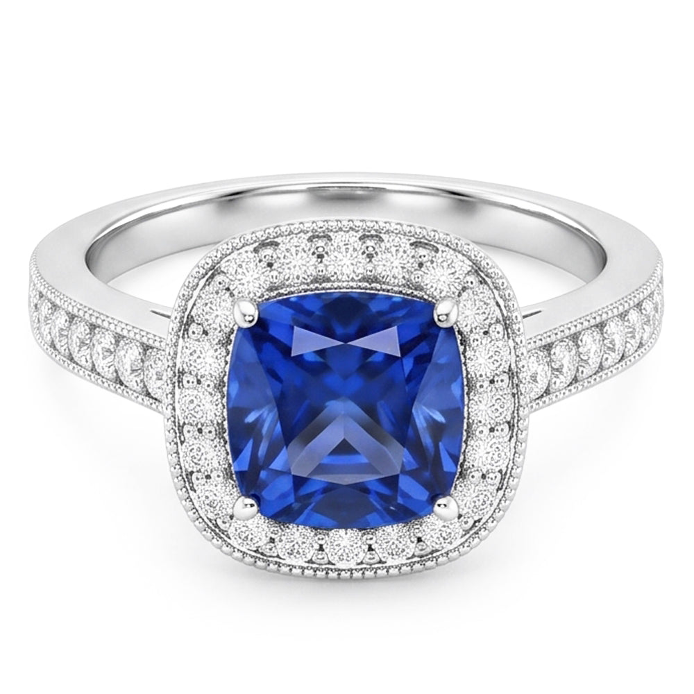 Kissen Sri Lanka Blauer Saphir Aus der Erde Abgebauter Natürlicher Diamanten 3.40 ct Ring Weißgold 14K