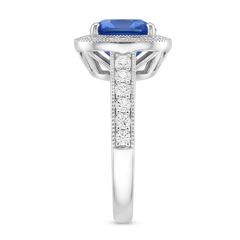 Kissen Sri Lanka Blauer Saphir Aus der Erde Abgebauter Natürlicher Diamanten 3.40 ct Ring Weißgold 14K