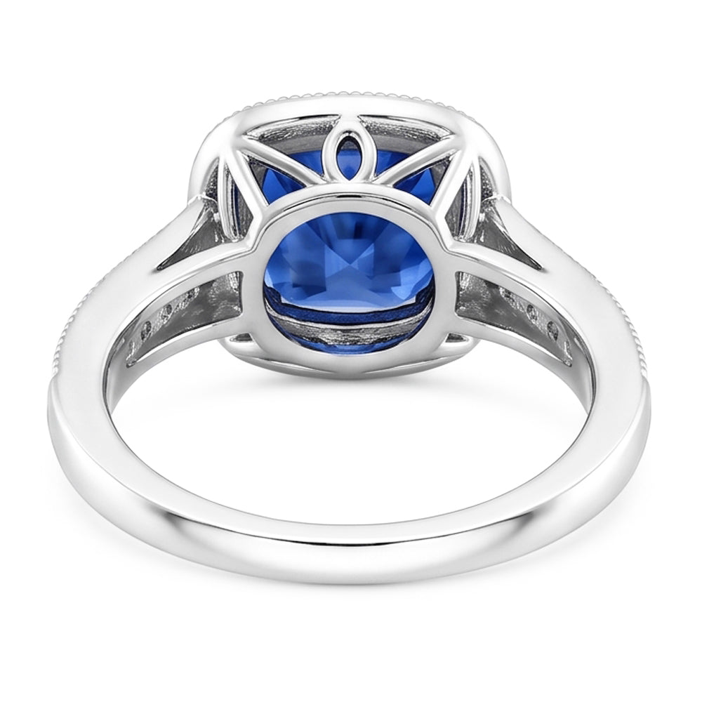 Kissen Sri Lanka Blauer Saphir Aus der Erde Abgebauter Natürlicher Diamanten 3.40 ct Ring Weißgold 14K