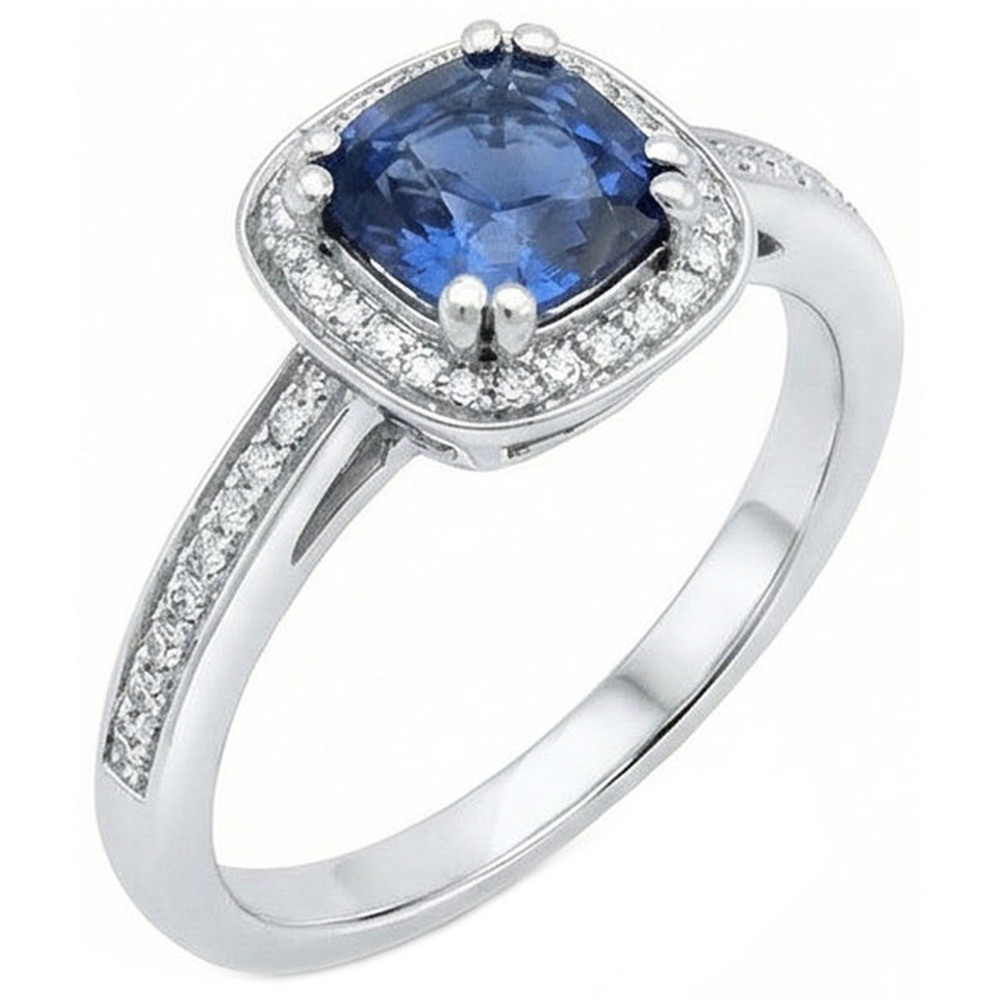 Kissen Sri Lanka Blauer Saphir Aus der Erde Abgebauter Natürlicher Diamantring Massivgold 1.70 Ct