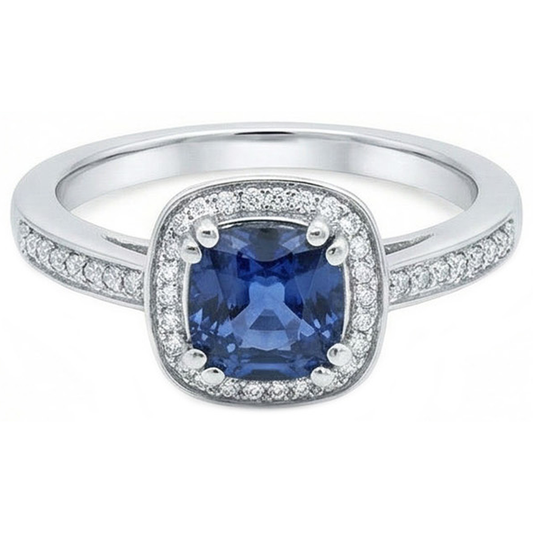 Kissen Sri Lanka Blauer Saphir Aus der Erde Abgebauter Natürlicher Diamantring Massivgold 1.70 Ct