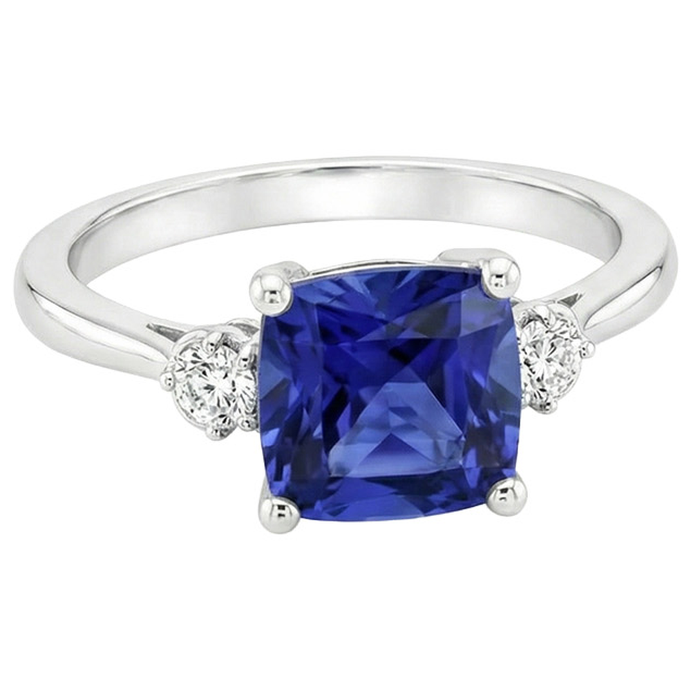 Kissen Sri Lanka Saphir Aus der Erde Abgebauter Natürlicher Diamant 3 Steine Ring 2,75 Karat