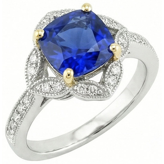 Kissen Sri Lanka Sapphire Aus der Erde Abgebauter Natürlicher Diamants Ring 5.66 ct. Zweifarbiges Gold