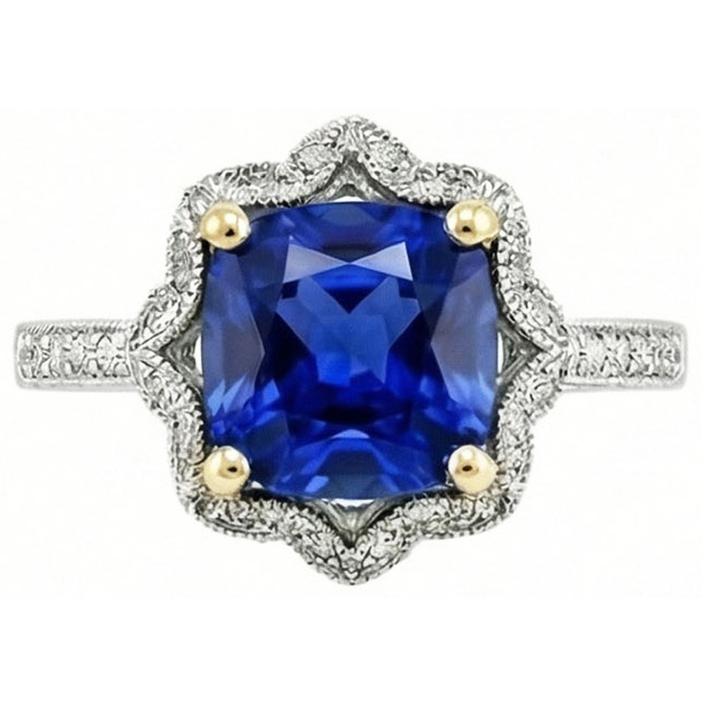 Kissen Sri Lanka Sapphire Aus der Erde Abgebauter Natürlicher Diamants Ring 5.66 ct. Zweifarbiges Gold