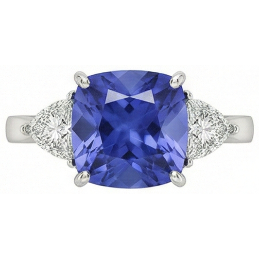 Kissen Tansanit AAA Aus der Erde Abgebauter Natürlicher Diamanten 3 Karat 3-Stein Ring Weißgold 14K