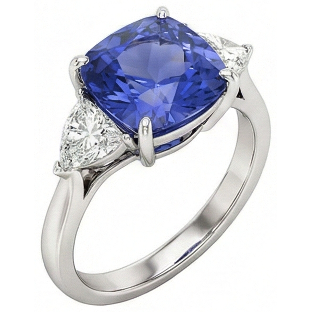 Kissen Tansanit AAA Aus der Erde Abgebauter Natürlicher Diamanten 3 Karat 3-Stein Ring Weißgold 14K