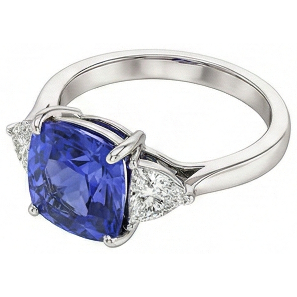 Kissen Tansanit AAA Aus der Erde Abgebauter Natürlicher Diamanten 3 Karat 3-Stein Ring Weißgold 14K