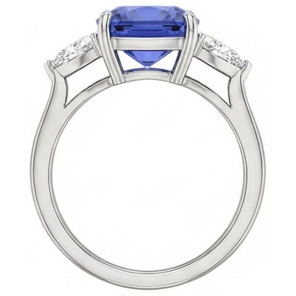 Kissen Tansanit AAA Aus der Erde Abgebauter Natürlicher Diamanten 3 Karat 3-Stein Ring Weißgold 14K