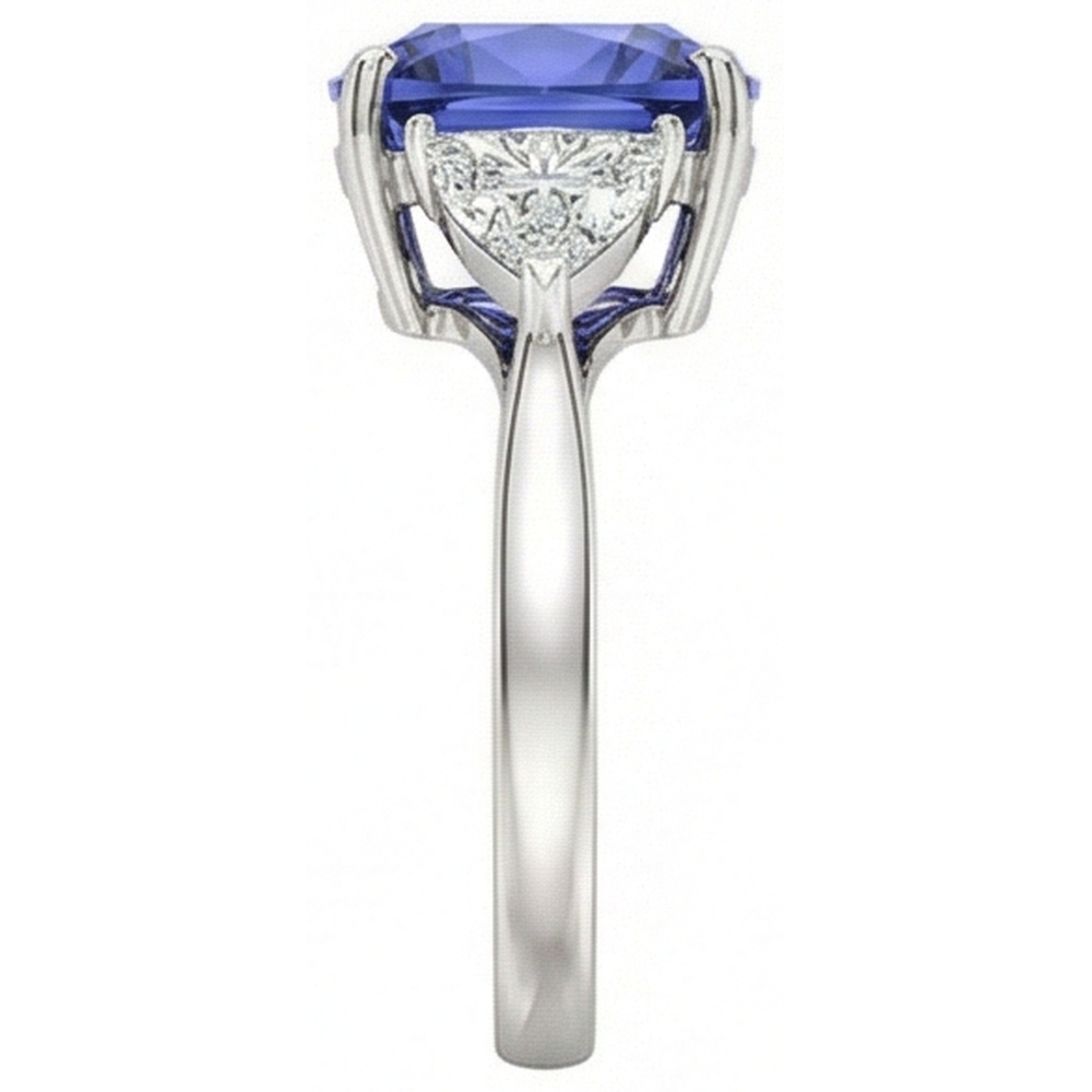 Kissen Tansanit AAA Aus der Erde Abgebauter Natürlicher Diamanten 3 Karat 3-Stein Ring Weißgold 14K