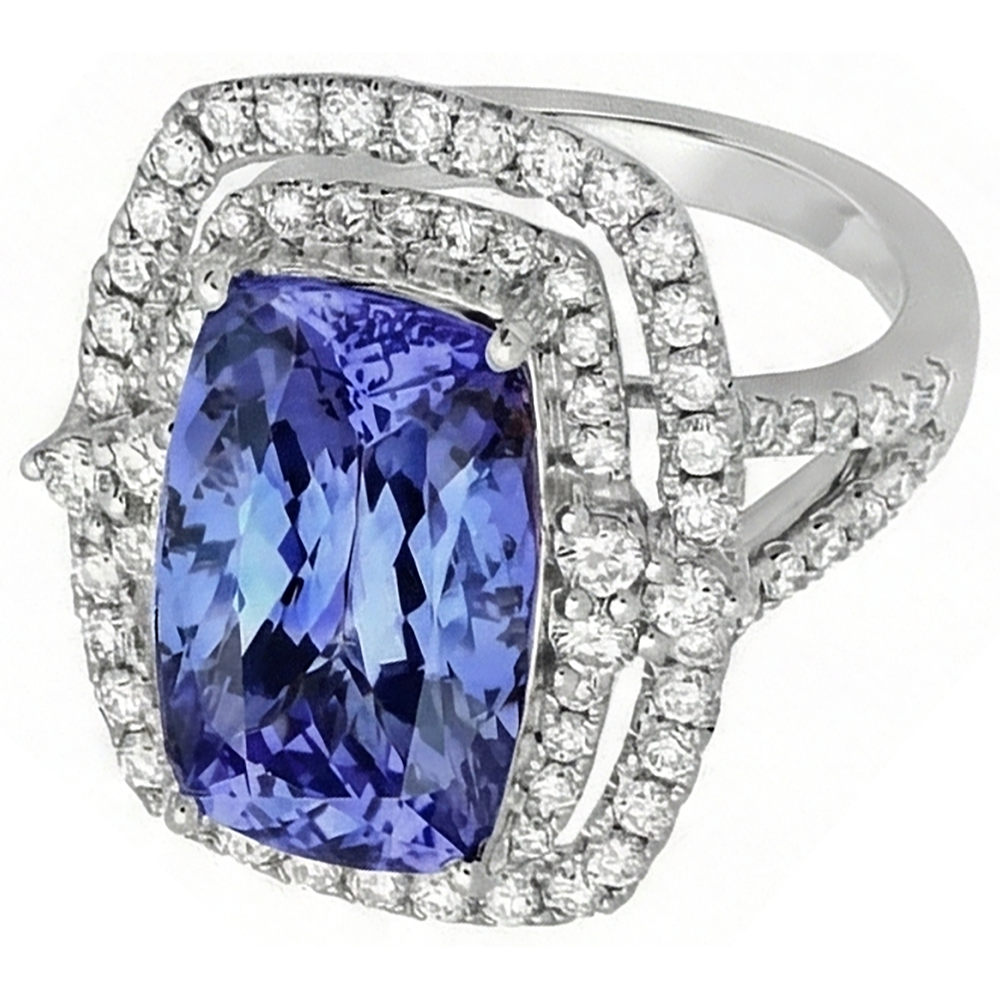 Kissen Tansanit & Aus der Erde Abgebauter Natürlicher Diamant 7 Karat Halo Fancy Ring Gold Weiß 14K