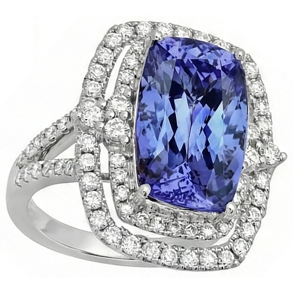 Kissen Tansanit & Aus der Erde Abgebauter Natürlicher Diamant 7 Karat Halo Fancy Ring Gold Weiß 14K