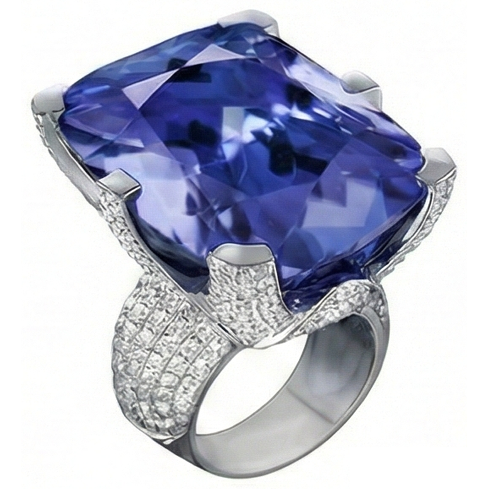 Kissen Tansanit & Runde Aus der Erde Abgebauter Natürlicher Diamanten Gold 8,50 Karat Ring Neu