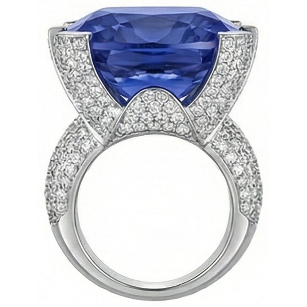 Kissen Tansanit & Runde Aus der Erde Abgebauter Natürlicher Diamanten Gold 8,50 Karat Ring Neu
