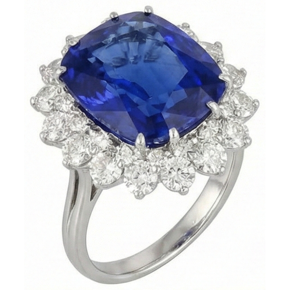 Kissen Tansanit mit runden Aus der Erde Abgebauter Natürlicher Diamanten 5 Karat Ring Neu Weißgold 14K