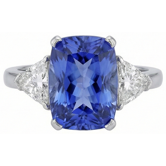 Kissen Tansanit und Aus der Erde Abgebauter Natürlicher Diamanten 3 Steine Ring 5 Karat Weißgold