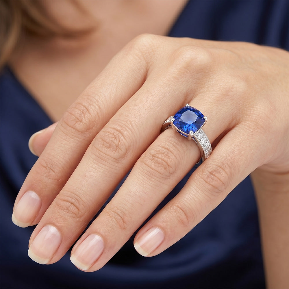 Kissen & Rundschliff 3.30 Karat Ceylon Saphir Aus der Erde Abgebauter Natürlicher Diamanten Ring WG 14K