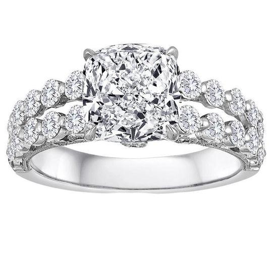 Kissen und runder Echt Diamantring mit geteiltem Schaft 4,50 Karat Weißgold 14K