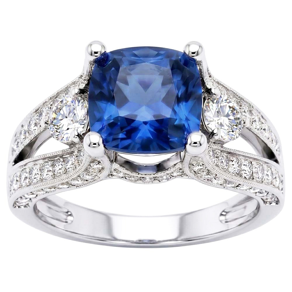 Kissen und runder Schliff 5.40 ct Ring mit Saphir und Aus der Erde Abgebauter Natürlicher Diamanten aus Sri Lanka