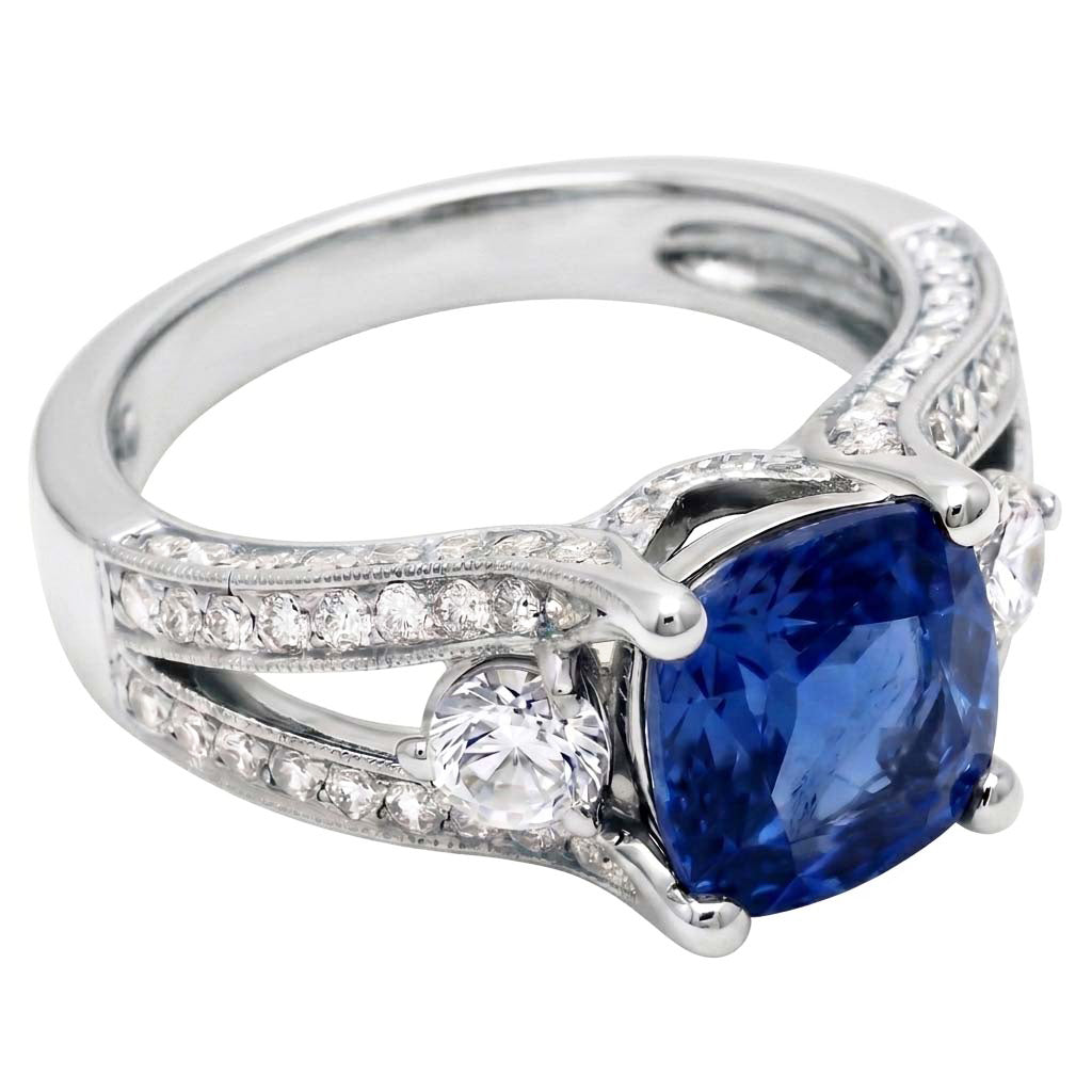 Kissen und runder Schliff 5.40 ct Ring mit Saphir und Aus der Erde Abgebauter Natürlicher Diamanten aus Sri Lanka