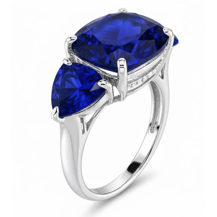 Kissen & Trillion Cut Ceylon Saphir 7.25 Ct. Aus der Erde Abgebauter Natürlicher Diamanten Ring WG 14K