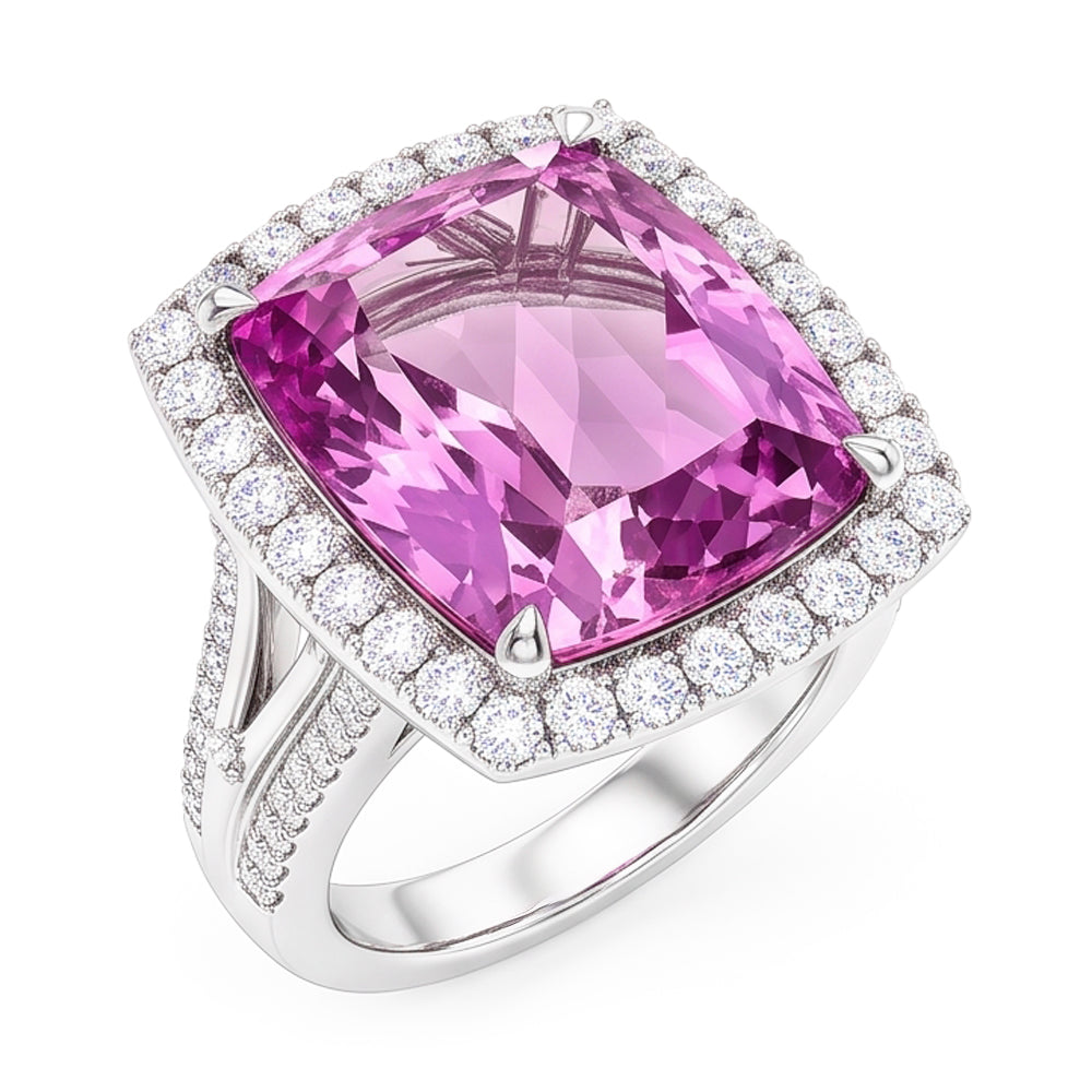 Kissenschliff rosa Kunzit Aus der Erde Abgebauter Natürlicher Diamant Fancy Ring 16,20 Karat Weißgold