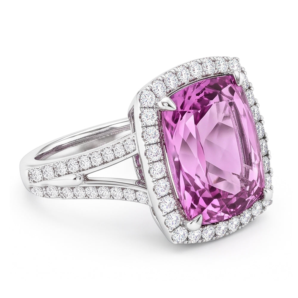 Kissenschliff rosa Kunzit Aus der Erde Abgebauter Natürlicher Diamant Fancy Ring 16,20 Karat Weißgold