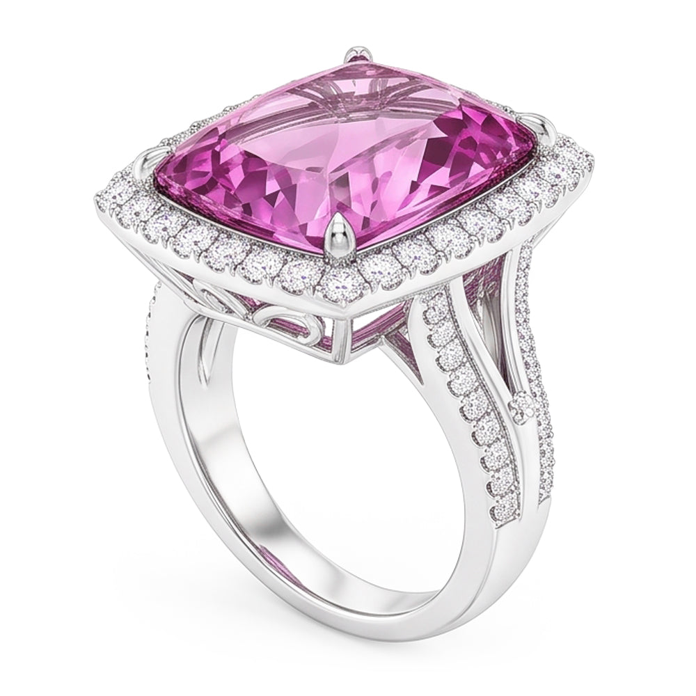 Kissenschliff rosa Kunzit Aus der Erde Abgebauter Natürlicher Diamant Fancy Ring 16,20 Karat Weißgold