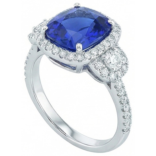 Kissenschliff srilankischer Saphir-Aus der Erde Abgebauter Natürlicher Diamant-Ring Weißgold 14K 5 Ct