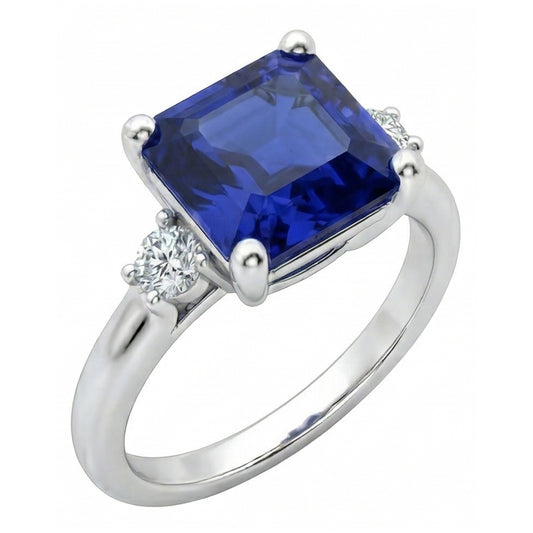 Kleiner runder Aus der Erde Abgebauter Natürlicher Diamant 3 Stein Blauer Saphir Ring Asscher Schliff 2,75 Karat