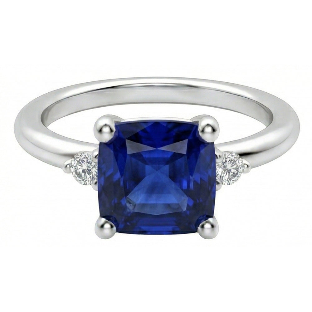Kleiner runder Aus der Erde Abgebauter Natürlicher Diamant 3 Stein Blauer Saphir Ring Asscher Schliff 2,75 Karat